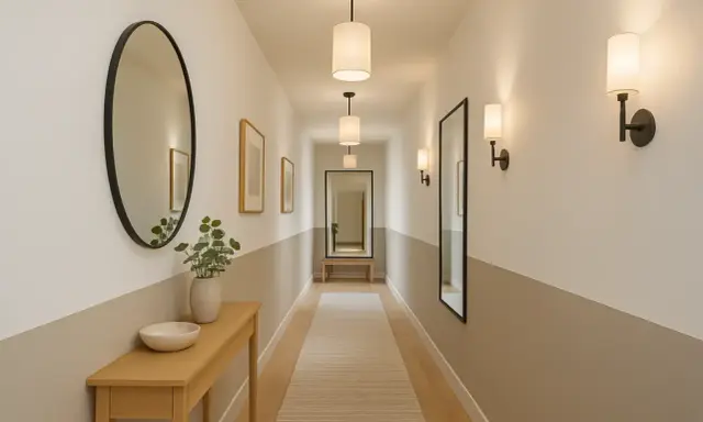 Éclairage couloir long et étroit avec appliques murales et suspensions cylindriques. Miroirs et tableaux décorent les murs.