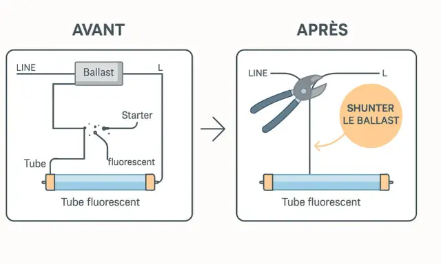 Schéma avant/après : branchement néon LED en série. On coupe le ballast pour le shunter.