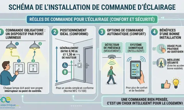 Schéma des règles de commande pour un circuit lumière : un dispositif par point lumineux, positionnement idéal, options automatiques et bénéfices.