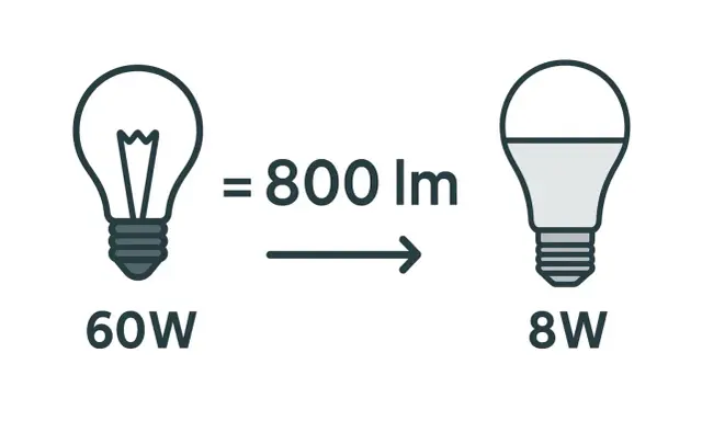 Une ampoule 60W équivaut à 800 lumens, comme une ampoule LED 8W.