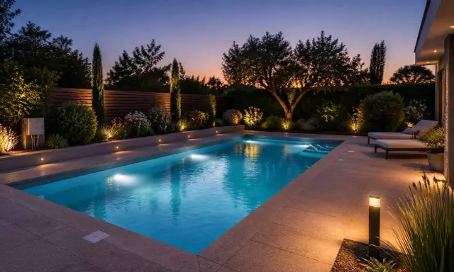 Belle piscine illuminée au crépuscule. Le disjoncteur de l'éclairage piscine est visible sur la gauche, discret mais essentiel.