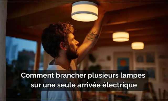 Schéma branchement 2 lampes 1 interrupteur. Un homme installe des luminaires au plafond, illustrant comment connecter plusieurs lampes à une seule arrivée électrique.