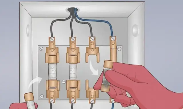 Main électrique avec fusibles. Une main gantée insère un fusible, illustrant le branchement d'un ampèremètre.