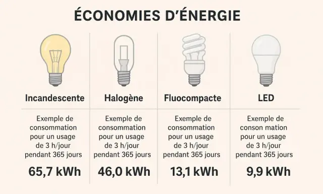 Comparaison de la consommation d'énergie des ampoules : incandescente, halogène, fluocompacte et LED. La LED offre la meilleure efficacité énergétique.
