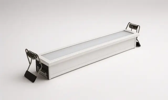 Une réglette led encastrable blanche avec des ressorts métalliques pour l'installation.