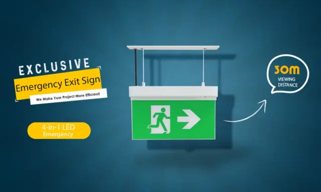 Lampe de secours verte avec symbole de sortie, idéale en cas de coupure de courant. Visibilité 30m.