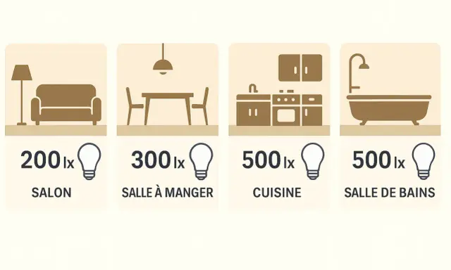 Recommandations d'éclairage : 200 lux pour le salon, 300 lux pour la salle à manger, 500 lux pour la cuisine et la salle de bains.