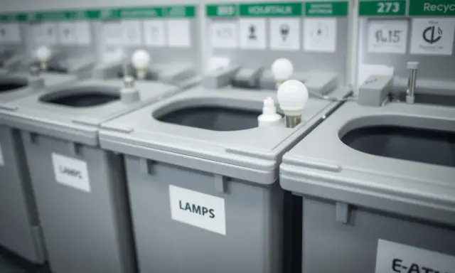 Des bacs de recyclage gris sont alignés, certains marqués "LAMPS". Des ampoules sont posées sur le dessus, indiquant où jeter les ampoules usagées.