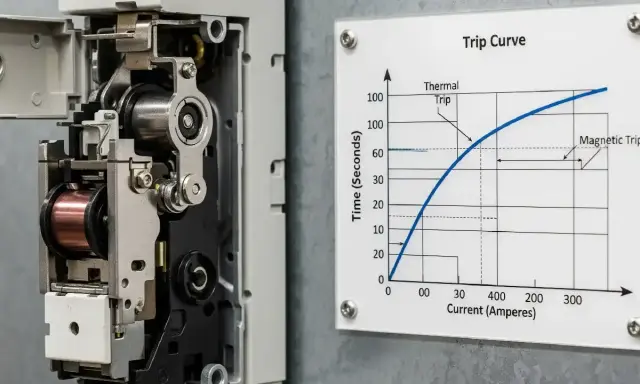Mécanisme interne d'un disjoncteur et sa courbe de déclenchement, illustrant la règle de l'amont et de l'aval pour la protection électrique.