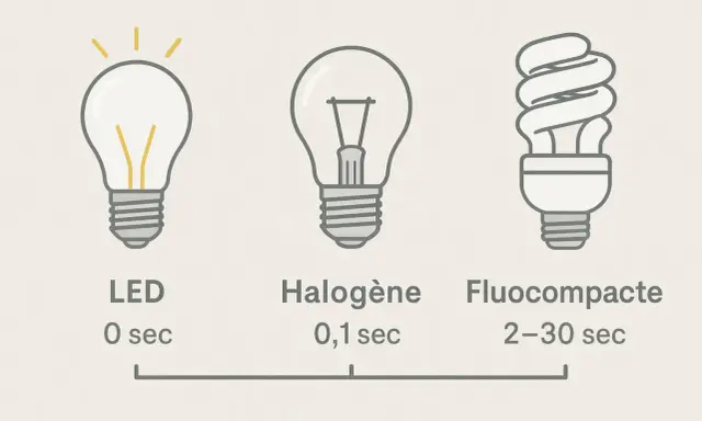 Comment reconnaître une ampoule LED : elle s'allume instantanément (0 sec), contrairement aux halogènes (0,1 sec) et fluocompactes (2-30 sec).