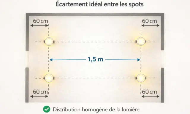 Schéma montrant l'espacement idéal des spots encastrables : 60 cm des murs et 1,5 m entre eux pour une lumière homogène.