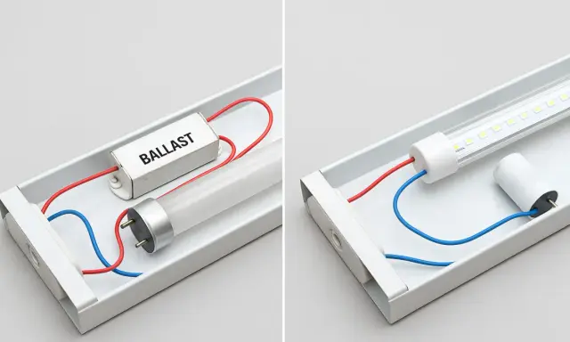 Comparaison : tube fluorescent avec ballast vs tube LED. Faut-il un starter pour un tube LED ? Non, le tube LED n'en a pas besoin.