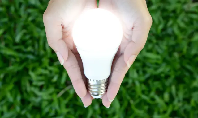 Mains de femme tenant une ampoule flamme torsadée lumineuse, symbole d'une idée brillante et d'énergie verte.