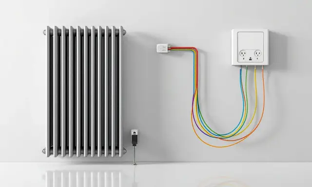 Radiateur électrique argenté relié par des câbles colorés à une prise murale. L'alimentation du radiateur électrique est assurée par ce système.