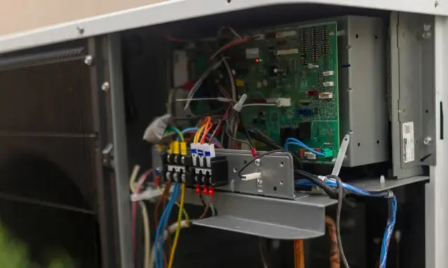 Vue rapprochée des composants internes d'une pompe à chaleur, incluant la carte électronique et le disjoncteur.