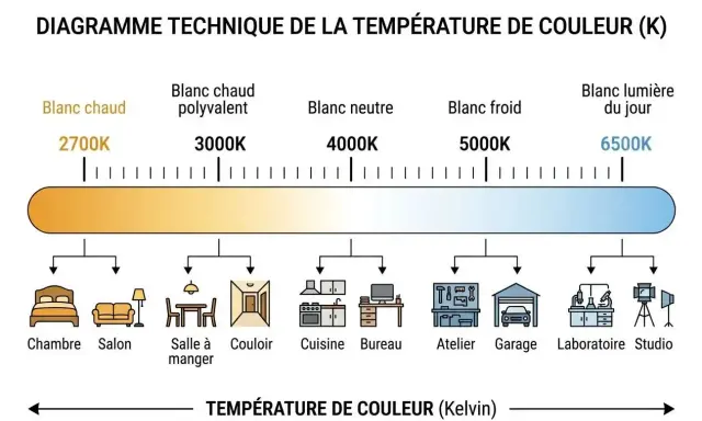 Diagramme de température de couleur, du blanc chaud (2700K) pour une ambiance cosy, au blanc lumière du jour (6500K) pour un laboratoire.