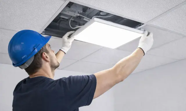 Un ouvrier installe une dalle LED design dans un faux plafond.