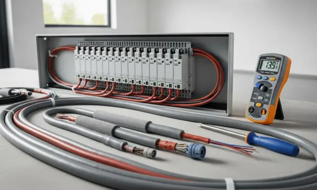 Installation électrique : section câble entre compteur et tableau, avec multimètre et outils.