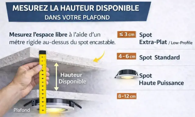 Mesure de la hauteur minimum faux plafond pour spot. Un mètre mesure l'espace disponible au-dessus d'un spot encastré.