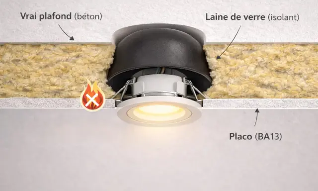 Détail d'un spot encastré dans un plafond Placo, avec isolant en laine de verre. Attention au risque d'incendie si mal installé.