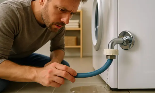 Un homme inquiet examine une fuite d'eau sous sa machine à laver. La prise d'eau semble défectueuse.