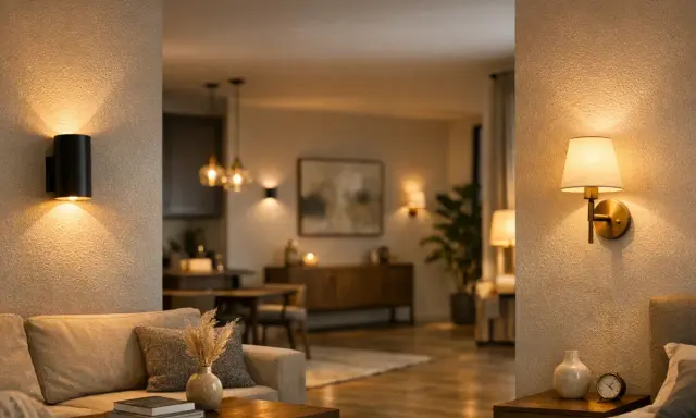 Appliques murales modernes, une noire en saillie et une dorée en applique, éclairent un salon cosy et une salle à manger chaleureuse.