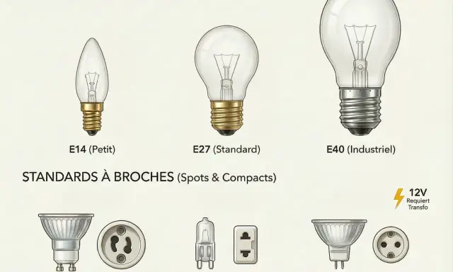 Différents types d'ampoules et leurs douilles : E14, E27, E40 à vis, et GU10, G9, GU5.3 à broches.