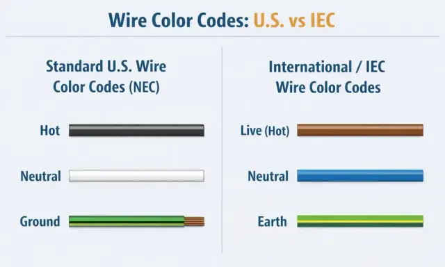 Comparaison des codes de couleur fil électrique : US (noir, blanc, vert) vs IEC (marron, bleu, vert/jaune).