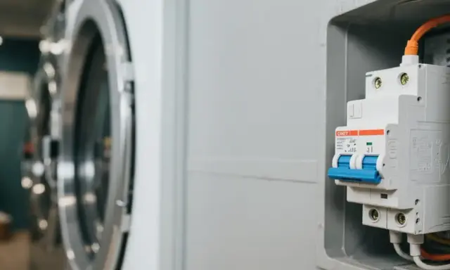 Disjoncteur machine à laver, prêt à protéger l'appareil. L'image montre un disjoncteur blanc et bleu, avec des fils orange et jaunes connectés, à côté d'une machine à laver.