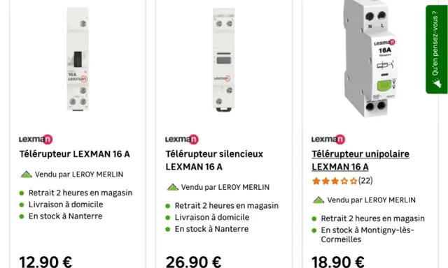 Trois télérupteurs LEXMAN 16 A, pour gérer l'éclairage à distance. Découvrez à quoi sert un télérupteur.
