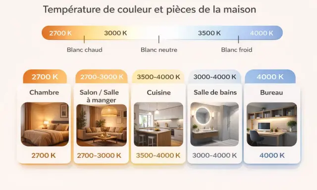 Guide des températures de couleur pour chaque pièce : chambre (blanc chaud), salon (blanc neutre), cuisine et salle de bains (blanc neutre à froid), bureau (blanc froid).