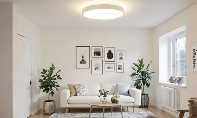 Salon moderne avec un canapé blanc, des plantes vertes et un éclairage doux d'une **led plate** au plafond.