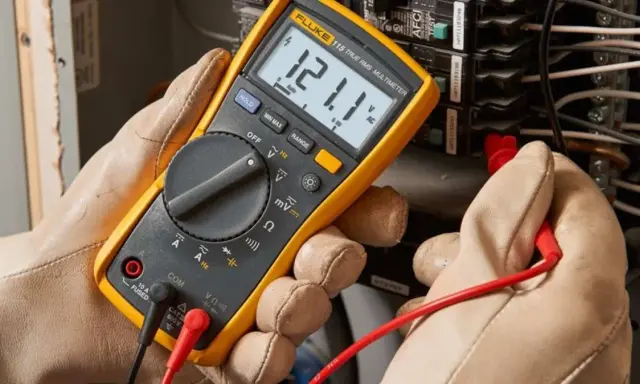 Un électricien utilise un multimètre pour mesurer la tension. Il cherche à comment reconnaître la phase du neutre en testant les fils d'un panneau électrique.