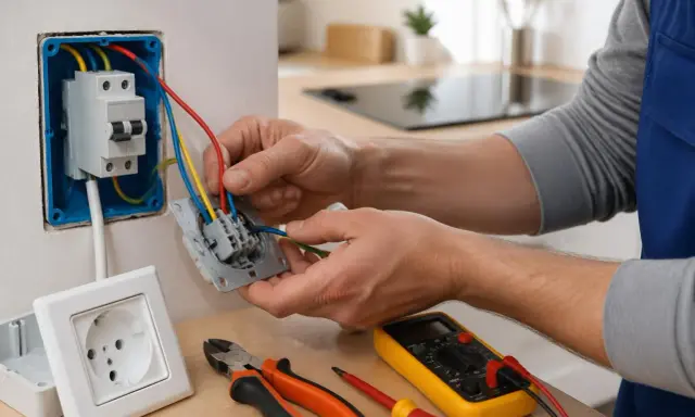 Un électricien connecte un section cable plaque induction. Outils et prises à proximité.