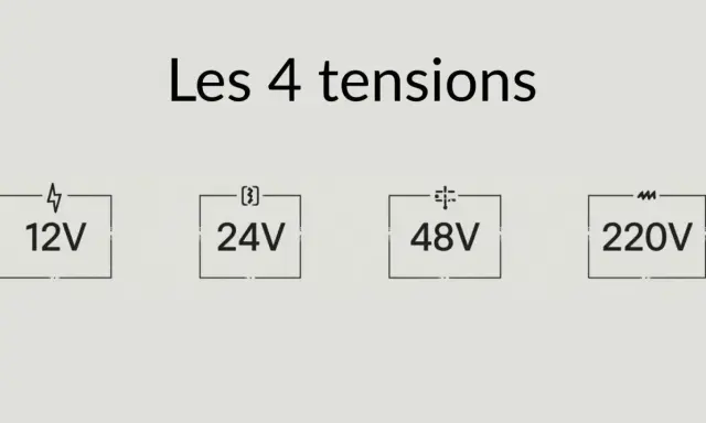 Les 4 tensions d'alimentation LED : 12V, 24V, 48V et 220V.