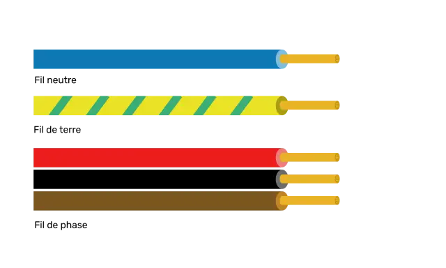 Fils électriques de différentes couleurs : bleu, jaune à rayures vertes, rouge et marron. Le fil noir n'est pas visible, mais il est essentiel pour l'électricité.