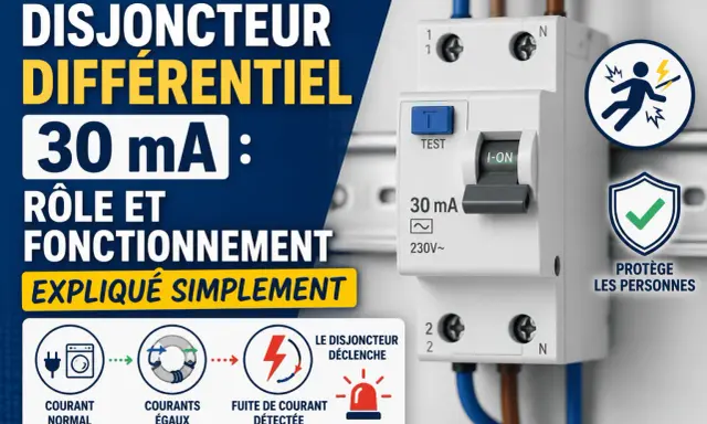 Disjoncteur différentiel 30 mA protégeant des fuites de courant. Il détecte le courant résiduel pour la sécurité des personnes.