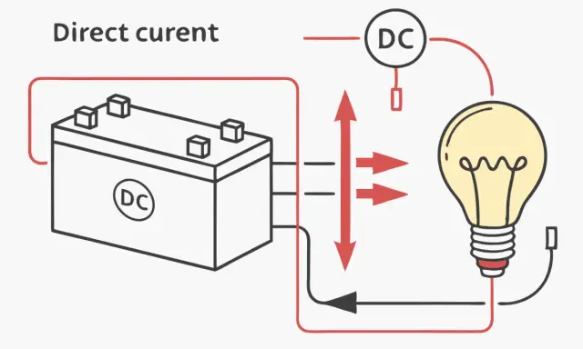 Circuit de courant continu : une batterie alimente une ampoule. Le plus et le moins de la batterie sont connectés à l'ampoule.