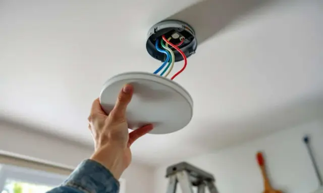 Installation d'un plafonnier : une main tient le cache, révélant le kit de fixation et les fils électriques colorés.
