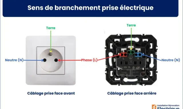 Vue avant et arrière d'un socle de prise électrique, montrant le câblage correct pour la phase, le neutre et la terre.