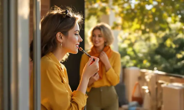 Quelle lumière pour se maquiller ! Une jeune femme applique du rouge à lèvres sur son balcon, baignée d'une douce lumière dorée.