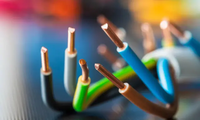 Fils électriques dénudés, avec des gaines de couleur fil électrique L et N (bleu, marron, vert/jaune, gris).
