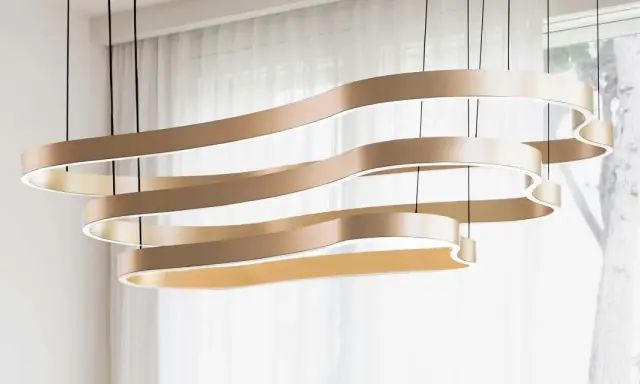 Suspension luminaire moderne aux formes ondulées, éclairage LED intégré pour une longue durée de vie.