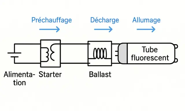 Schéma d'un circuit de tube fluorescent : alimentation, starter, ballast, tube fluorescent. Le starter est essentiel pour le préchauffage.