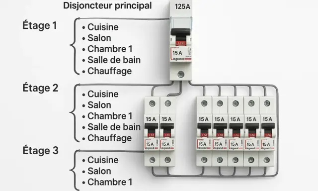 Schéma électrique montrant un disjoncteur principal 125A alimentant plusieurs disjoncteurs 15A pour chaque étage, protégeant chaque prise électrique.
