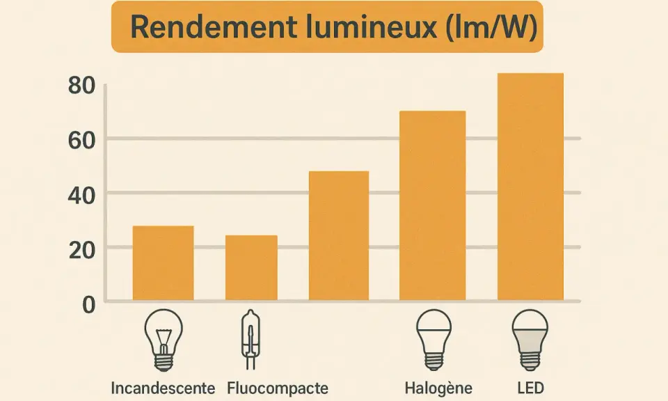 Graphique comparant le rendement lumineux des ampoules. Les LED, avec une consommation led 12v, offrent le meilleur rendement.
