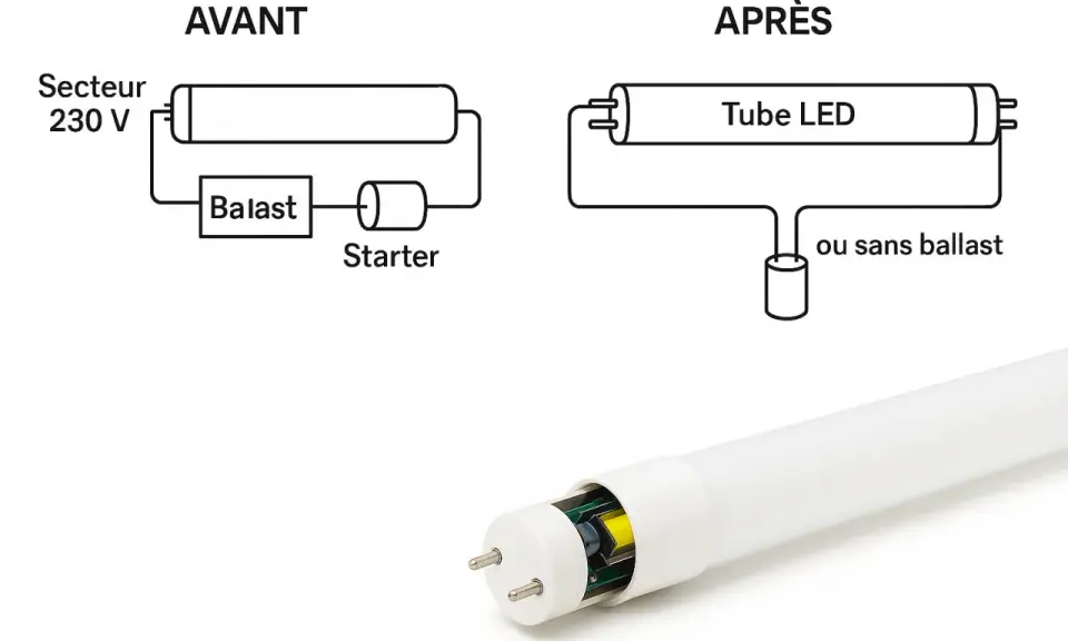 Schéma avant/après : un tube fluorescent avec ballast et starter, puis un tube LED sans ballast. L'électricité est simplifiée.