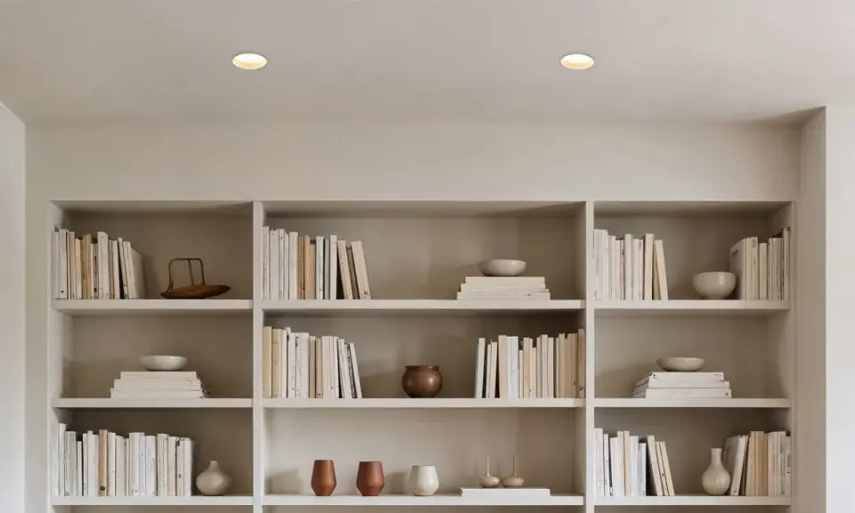 Éclairage discret d'un faux plafond avec spots encastrés, illuminant des étagères remplies de livres et d'objets décoratifs.