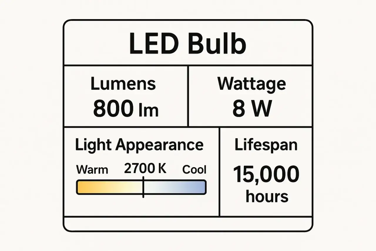 Étiquette d'une ampoule LED : 800 lumens, 8 watt, 2700K, 15 000 heures.