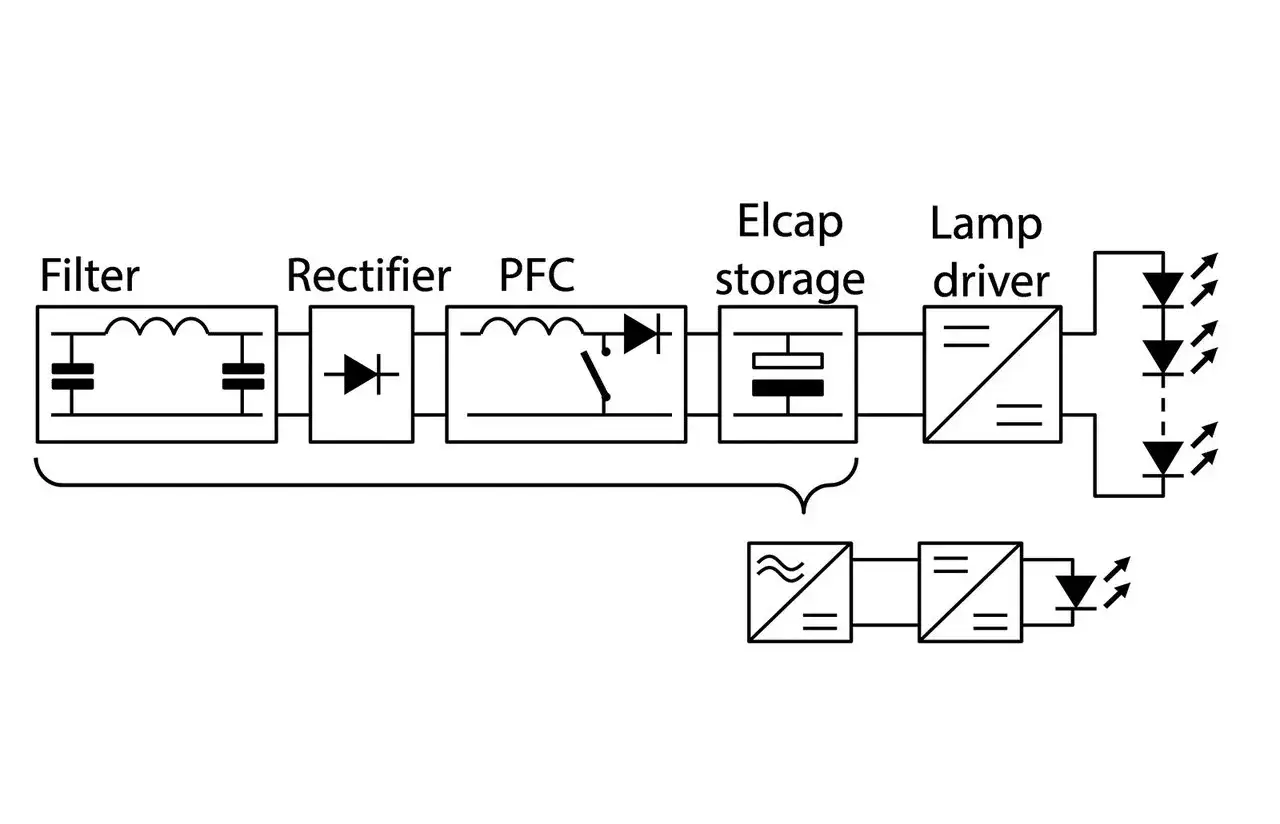 Sch&eacute;ma d'alimentation LED : filtre, redresseur, PFC, stockage, driver. La tension d'alimentation LED est r&eacute;gul&eacute;e.
